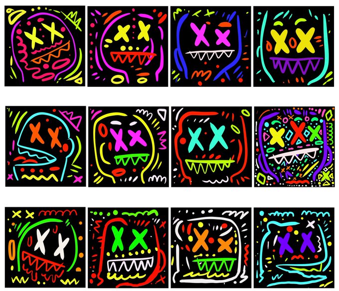 A grid of twelve colorful cartoon-style faces with X eyes and sharp-toothed grins on black backgrounds.