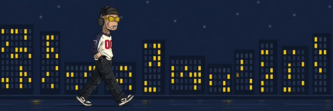 Pixel-art animation shows a character wearing headphones walking across a nighttime city skyline.