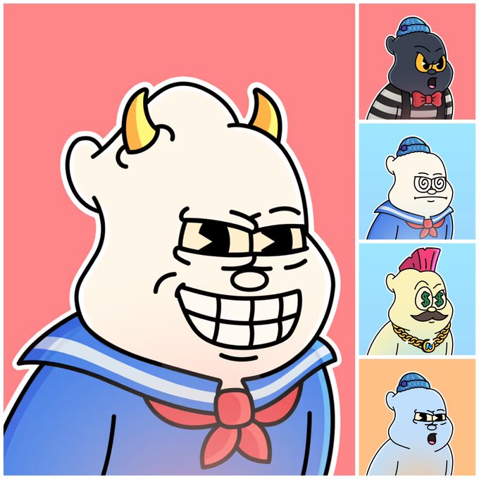 A cartoon illustration featuring a mischievous-looking white horned character in a sailor outfit smiling widely, with a sidebar showing four variations of similar cartoon characters including a black bear in a beanie and a character with dollar sign eyes.