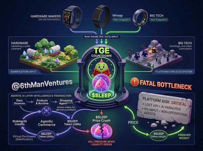 An infographic diagram labeled '@6thManVentures' showing hardware makers, smartwatches (Whoop, Big Tech), and a $SLEEP token system centered around a 'TGE COUNTDOWN' with risks and tokenomics flow.