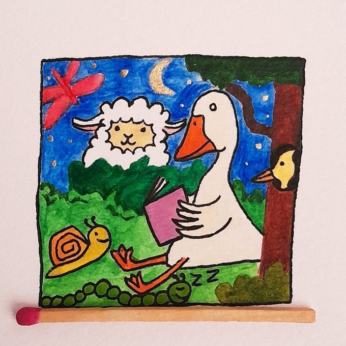 A whimsical, colorful illustration on what appears to be a small plaque, showing a duck reading a pink book in a field with a sheep, snail, and birds under a starry night sky.