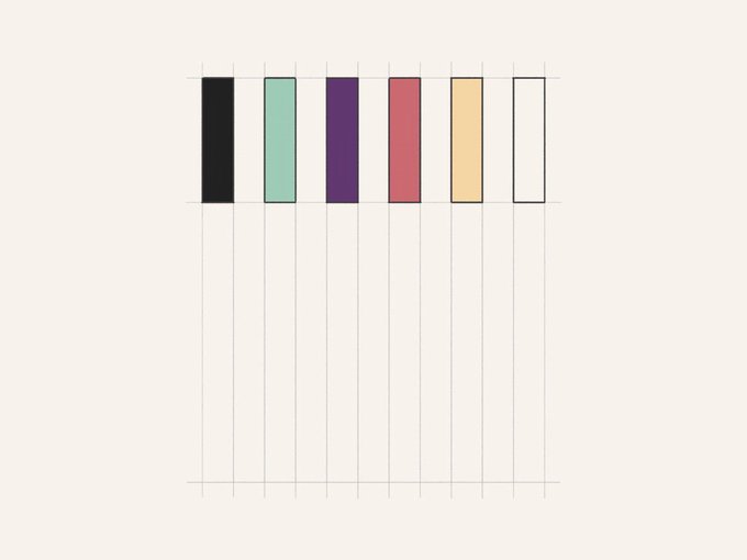 Six colored rectangular bars (black, teal, purple, pink, yellow, and white) are displayed vertically against a light grid background, representing a design template for the "Drawings for a Monument #410" NFT artwork mentioned in the post.