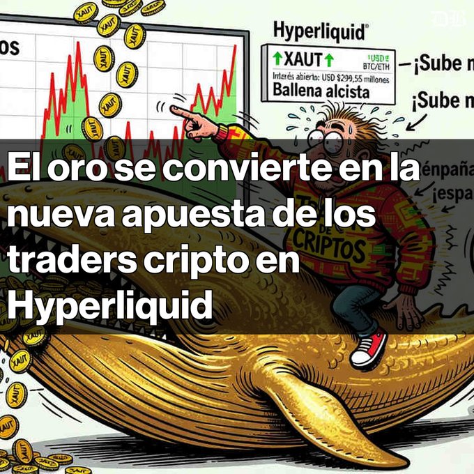 An illustration showing a 'DE CRIPTOS' trader riding a golden whale amid falling XAUT coins, with charts indicating Hyperliquid's XAUT at $299.55 and references to a 'Ballena alcista'. Spanish text reads: 'El oro se convierte en la nueva apuesta de los traders cripto en Hyperliquid'.
