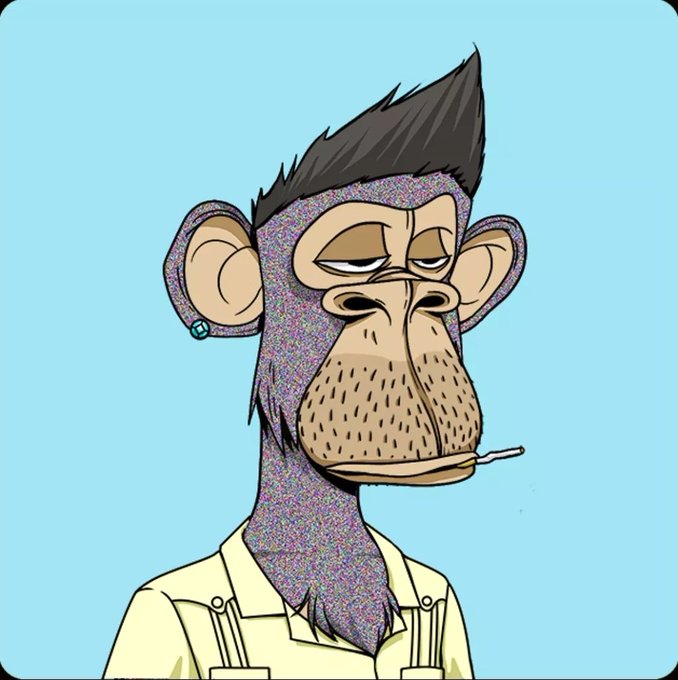 A digital illustration of a stylized monkey with a purple glittery texture, sporting a mohawk, stubble, and a cigarette, with an earring visible on its ear.