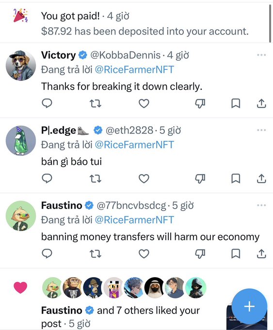 A Twitter/X feed showing a $87.92 payment deposit notification and replies from users Victory, Pi.edge, and Faustino discussing money transfers and an economy.