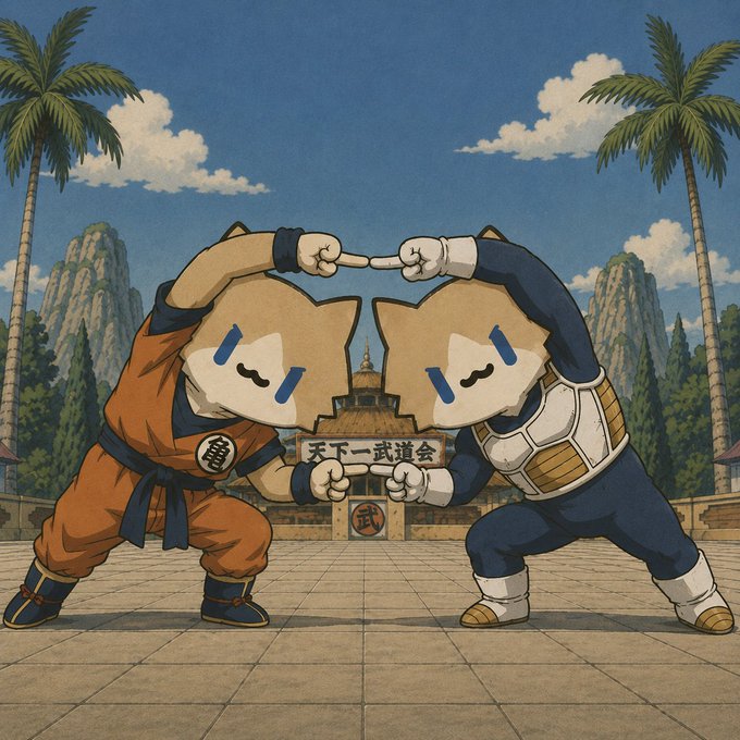 Studio Ghibli-style illustration of two dog characters in an orange martial arts gi and a blue Saiyan-style outfit posing in a tournament arena with Japanese text '天下一武道会' (Tenkaichi Budokai) in the background.