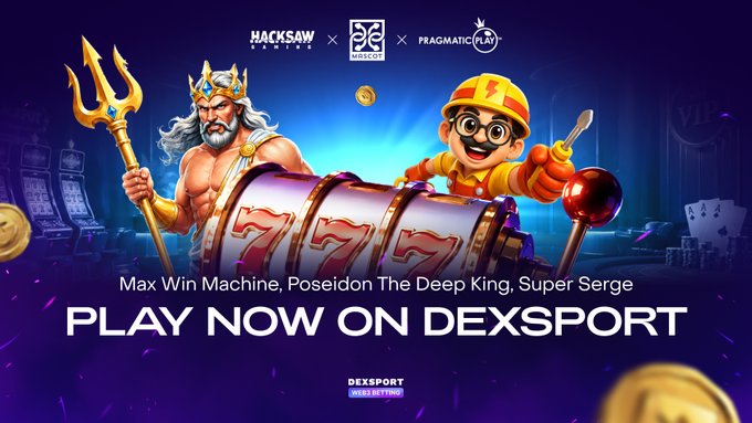 An advertisement banner for DEXSport featuring slot games including Max Win Machine, Poseidon The Deep King, and Super Serge, with partnerships from Hacksaw Gaming, Mascot Gaming, and Pragmatic Play.