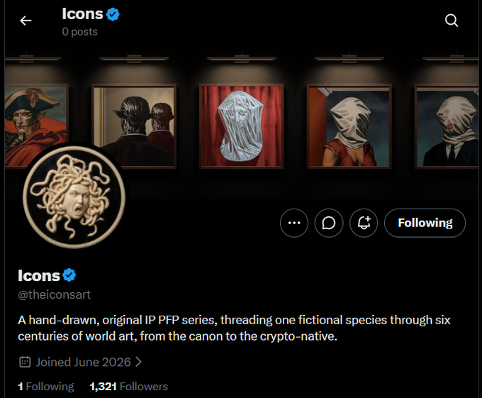 A Twitter/X profile page for 'Icons' (@theiconsart), described as 'A hand-drawn, original IP PFP series, threading one fictional species through six centuries of world art, from the canon to the crypto-native,' joined June 2026, featuring artwork of the Medusa figure in various art styles and a Medusa head profile picture.