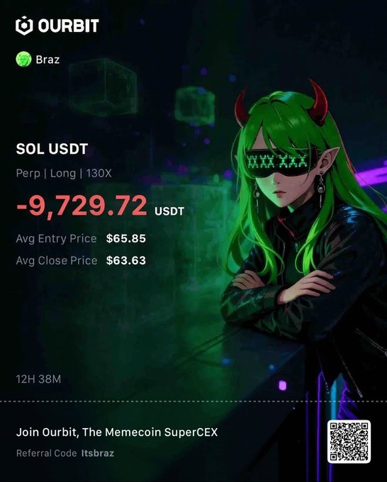The image features a girl with green hair wearing sunglasses, sitting at a table with her arms crossed over her chest. She has a red hat on her head that matches the color of a devil's horns. The background of the image is dark and filled with green lights, giving it an eerie atmosphere. In the bottom right corner of the image, there are two lines of text: "Solana" and "The memecoin superex". These texts seem to be related to the girl in the image or the post she has created.