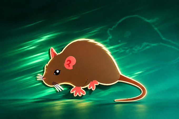 An illustration of a brown rat with pink ears and feet against a glowing teal and green background, with the faint silhouette of a larger rat visible behind it.