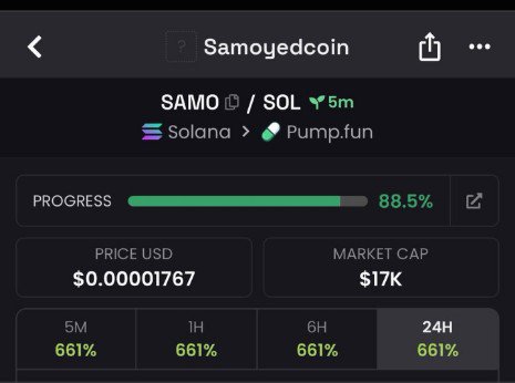 A screenshot of a cryptocurrency tracker showing Samoyedcoin (SAMO/SOL) trading on Pump.fun, with a market cap of $17K, price of $0.00001767, and 88.5% progress toward bonding. The post promotes a 3X gain on SAMO along with its contract address and an invitation to join a VIP trading group.