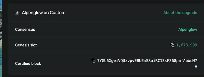 The image shows a Solana Alpenglow network status panel on the Custom community cluster, displaying "Consensus: Alpenglow," a "Genesis slot" of 1,678,999, and a certified block hash beginning with "7YGU6XgwiVQ." This visual confirms the user's claim of successfully sending a TXV1 transaction on the Alpenglow community cluster.