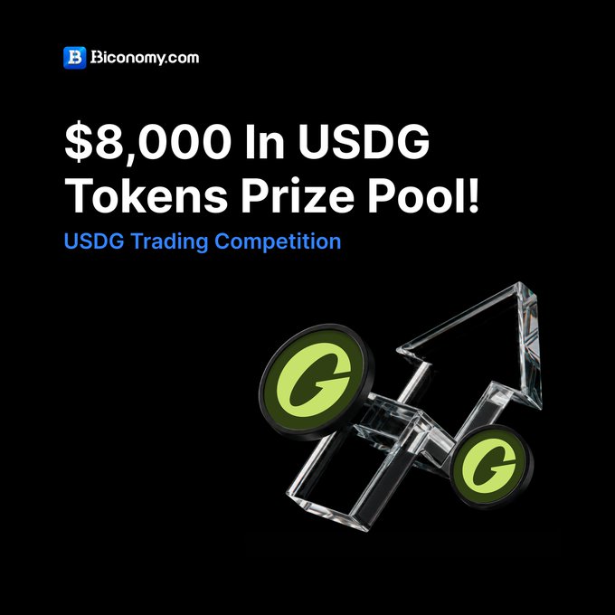 The image shows a poster for a Bitcoin trading competition with prizes, including US Dollars, as indicated by the text "USDG Spot Trading Competition". The prize pool amounts are $8,000 and $1,500 respectively, and it is a live event that takes place between June 10 and June 16. Various forms are provided to enter the competition or trade Bitcoin on Biconomy.