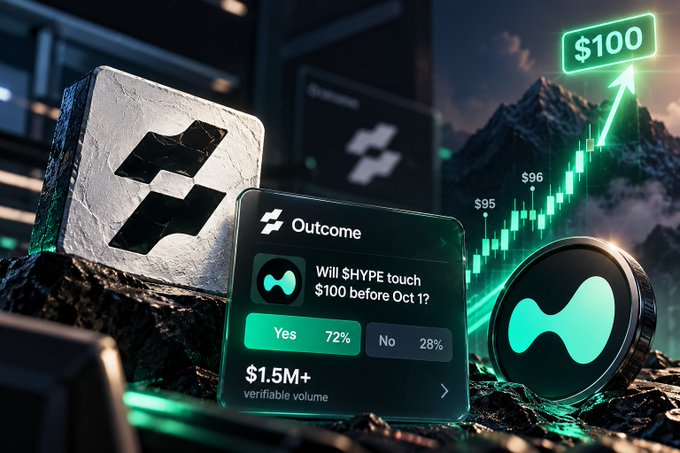 A promotional image for the HYPE token prediction market on Outcome, showing a market asking 'Will $HYPE touch $100 before Oct 1?' with Yes at 72% and No at 28%, alongside a stone HYPE logo and a $100 price target graphic.