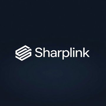 A white logo for 'Sharplink' featuring a stacked geometric icon on a dark blue gradient background.