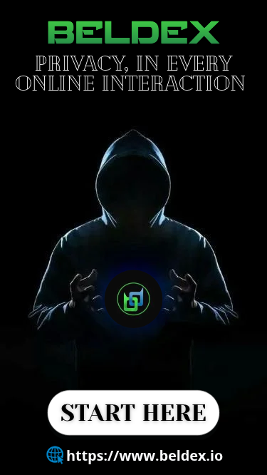 The image is a promotional graphic for "BELDEX," featuring the tagline "PRIVACY, IN EVERY ONLINE INTERACTION" above a hooded, faceless figure holding a glowing green padlock icon, symbolizing anonymity and security. A white "START HERE" button and the URL "https://www.beldex.io" appear at the bottom, reinforcing the post's message about BeldexAI bridging AI functionality with privacy-focused technology.