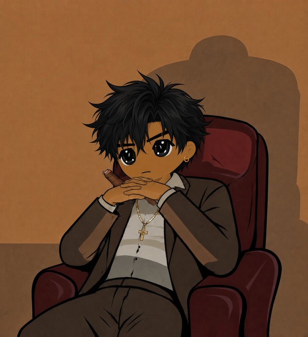 An anime-style illustration of a young man with dark messy hair and large brown eyes, wearing a brown suit jacket over a white shirt with a gold cross necklace, seated in a burgundy armchair while holding a cigar.