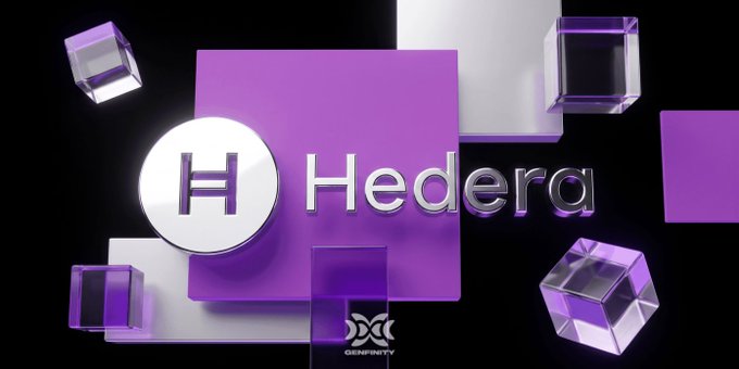 A promotional graphic featuring the Hedera (HBAR) logo—a white circle with an 'H'—on a purple square background surrounded by floating purple 3D cubes.