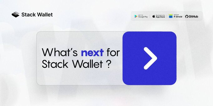 A website header for 'Stack Wallet' showing app store badges (Google Play, App Store, F-Droid, GitHub) and a banner reading 'What's next for Stack Wallet?' with an arrow.