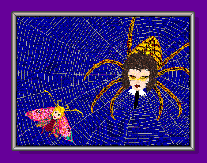 A framed illustration on a purple background showing a spider web with two insect-like figures: a moth-like creature with a human face and a larger spider with a woman's head and yellow sunglasses.