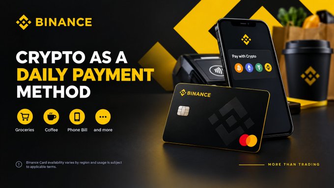 This Binance promotional image advertises crypto as a daily payment method, featuring a black Binance Mastercard and a smartphone displaying "Pay with Crypto" alongside icons for groceries, coffee, phone bills, and more. The ad emphasizes that cryptocurrency can now be used for everyday transactions rather than just as an investment, supported by the tagline "MORE THAN TRADING" and a disclaimer noting that Binance Card availability varies by region.