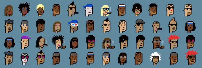 A sprite sheet displaying multiple pixel-art character head portraits in various hairstyles, hairstyles, skin tones, and accessories arranged in rows against a blue background.