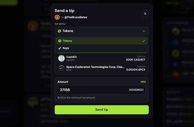 A 'Send a tip' dialog box on a crypto platform showing 27,158 Tokens being tipped to @TheBruceBates, with options for Tokens, Keys, CASHKIT, and SPX.
