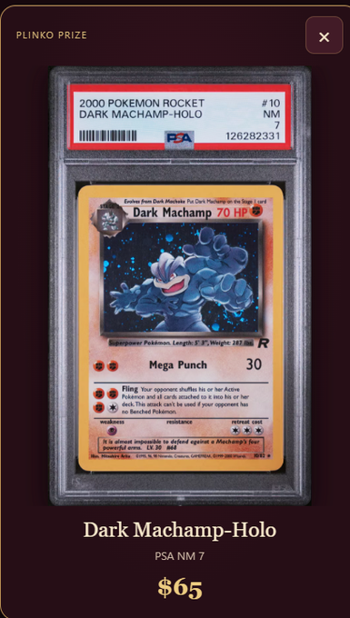 A PSA-graded 'Dark Machamp-Holo' Pokémon card from the 2000 Rocket set is displayed in a digital interface labeled 'PLINKO PRIZE' with a price of $65.