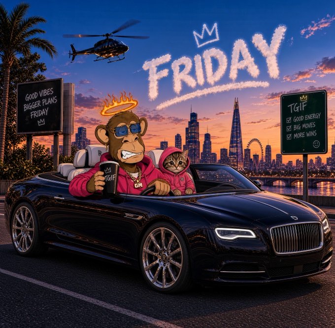 A vibrant digital illustration shows an anthropomorphic monkey wearing sunglasses, a pink hoodie, gold chains, and a flaming crown, driving a black convertible with a cat passenger. The sky features 'FRIDAY' written in cloud letters with a crown above it, alongside signs reading 'GOOD VIBES BIGGER PLANS FRIDAY' and 'TGIF GOOD ENERGY BIG MOVES MORE WINS.'