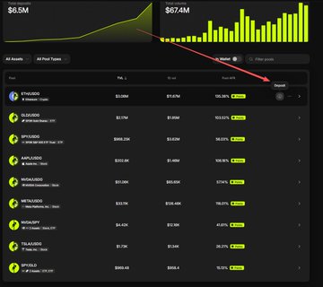 A screenshot of a DeFi dashboard showing a pool list with PAID/USDC at $6.5M and $67.4M metrics, with a red arrow pointing to a deposit button.