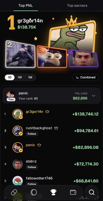 A mobile screenshot of the Pumpfun app showing a "Top PNL" leaderboard where user "panic" is ranked #3 with $82,896 in earnings, trailing #1 gr3gor14n ($138.75K) and #2 runitbackghost ($94,784.61), displayed with a podium-style ranking interface featuring meme character avatars and crown graphics.
