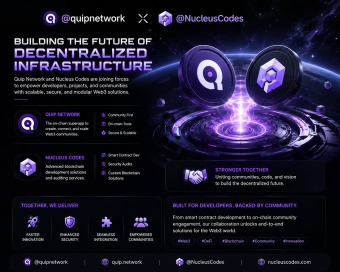 The image features two purple circles with a green explosion at their center, surrounded by text promoting the idea of building the future of Web3 together. The text emphasizes the importance of collaboration and community growth within the Web3 ecosystem.