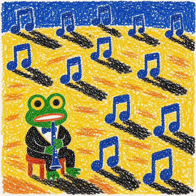 Colorful crayon-style illustration of a green frog wearing a black tuxedo playing a blue clarinet, surrounded by floating blue musical notes against a yellow and blue background.