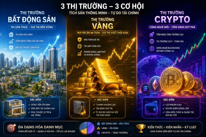 A promotional graphic titled "3 THỊ TRƯỜNG – 3 CƠ HỘI" (3 Markets – 3 Opportunities) showcases three investment options in Vietnamese: Bất Động Sản (Real Estate), Vàng (Gold), and Crypto, with gold bars, buildings, and Bitcoin imagery respectively, listing features like "tài sản thông minh – tự do tài chính" (smart assets – financial freedom). The post aligns with the image by referencing the three market choices and announcing a personal preference for the crypto market over real estate and gold.