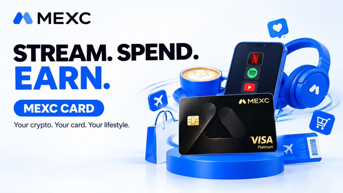 An advertisement for MEXC Card featuring a black Visa Platinum card, a smartphone, headphones, and text reading 'STREAM. SPEND. EARN.'