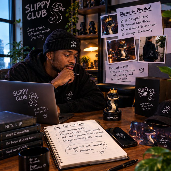 A person wearing a 'SLIPPY CLUB' beanie sits at a desk with a laptop, notebook with notes about digital character ownership, NFT collectibles, and physical merch, alongside a Slippy figurine and presentation board titled 'Digital to Physical.'