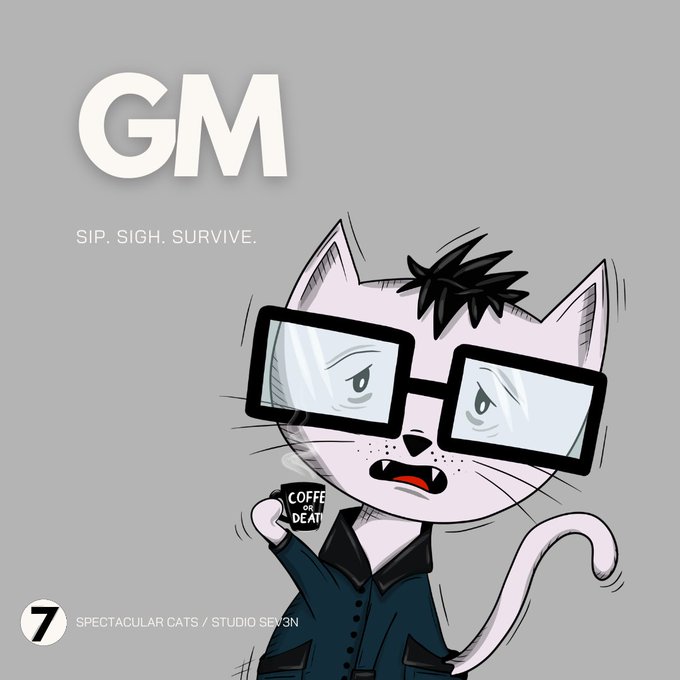 A cartoon illustration of a white cat wearing large glasses, holding a 'COFFEE OR DEATH' cup, with 'GM' and 'SIP. SIGH. SURVIVE.' text, from SPECTACULAR CATS / STUDIO SEVEN.