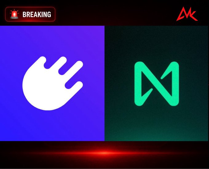 A breaking news graphic featuring the Meteor Wallet logo (white on purple) alongside the NEAR Protocol "N" logo (green on dark background), with a "BREAKING" banner in the top left corner, illustrating the announcement that Meteor Wallet has added quantum-resistant keys (ML-DSA-65) as an optional security feature for NEAR Protocol users.