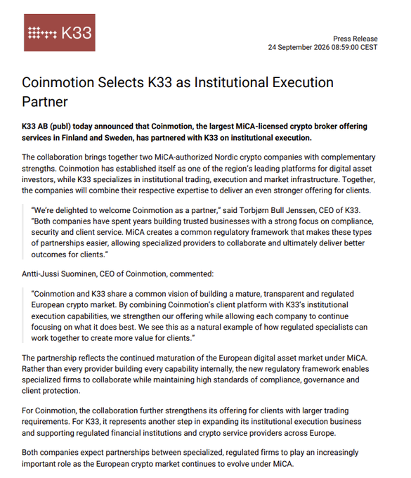 A press release from K33 dated 24 September 2026 announcing "Coinmotion Selects K33 as Institutional Execution Partner" for crypto trading services.