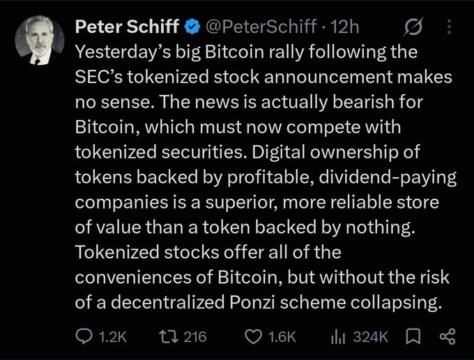 A tweet from Peter Schiff (@PeterSchiff) arguing that the SEC's tokenized stock announcement is bearish for Bitcoin, calling it a 'decentralized Ponzi scheme' compared to tokenized securities backed by real companies. The tweet has 1.2K replies, 216 reposts, 1.6K likes, and 324K views.