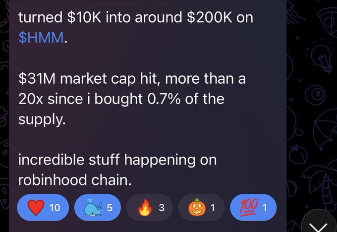 A social media post celebrating crypto gains, stating '$10K into around $200K on $HMM' and a '$31M market cap hit,' noting 'incredible stuff happening on robinhood chain,' with various reaction emojis below.