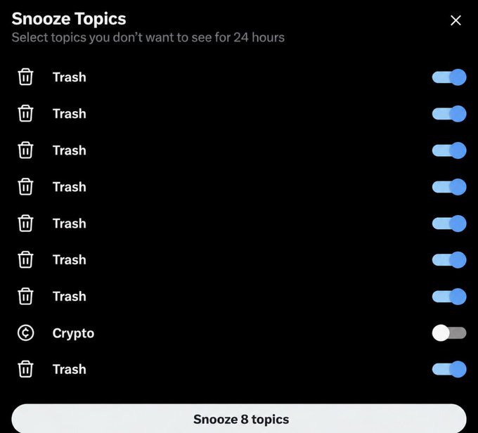 A "Snooze Topics" toggle menu screen shows multiple "Trash" categories enabled (snoozed) with toggles in blue, while "Crypto" is left on (toggle in gray/off), and a confirmation button at the bottom reads "Snooze 8 topics." The image humorously illustrates the post's joke that the only topic not snoozed is Crypto, the "thing that ruins my sleep and wallet every day."