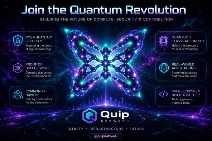 The image features a purple butterfly-shaped logo with blue lights, which is displayed against a dark background. Below the butterfly logo, there are descriptions of various technological advancements and their impact on society. The text emphasizes the importance of joining the Quantum Revolution in order to build the future of computing, security, and contribution.