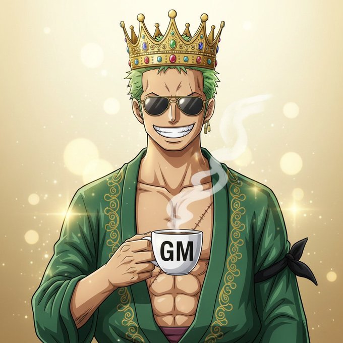 Anime-style illustration of a green-haired character with sunglasses and a crown holding a steaming cup labeled 'GM'.