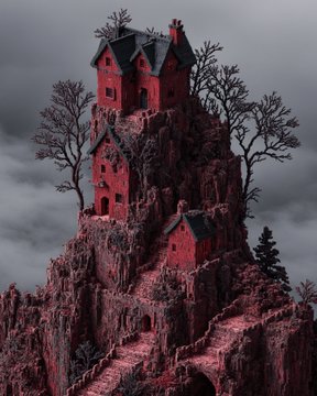 A dark, surreal digital artwork depicting a red gothic castle perched atop a rocky cliff surrounded by bare trees and mist.