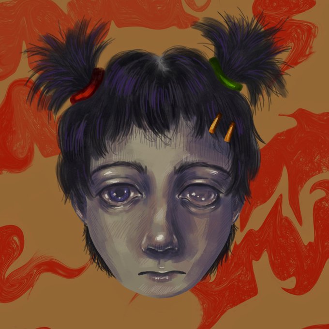 A digital painting features a pale face with dark hair styled in two pigtails with red and green hair ties, set against a brown background with swirling red patterns.