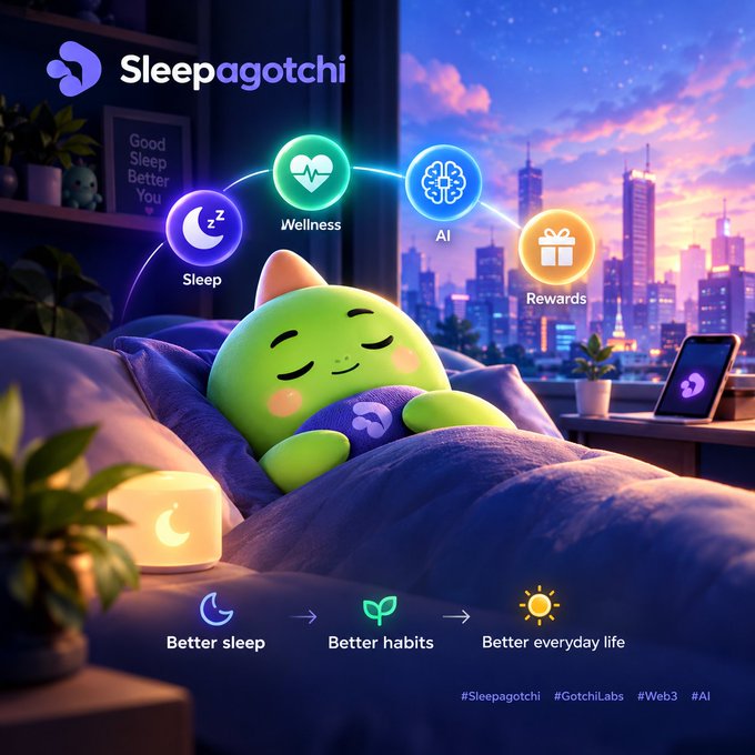 A promotional graphic for 'Sleepagotchi' featuring a green cartoon character sleeping in bed against a city skyline, highlighting features like Sleep, Wellness, AI, and Rewards with the tagline 'Better sleep, Better habits, Better everyday life' and hashtags #Sleepagotchi #GotchiLabs #Web3 #AI.
