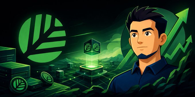 A digital illustration featuring a young man alongside a green leaf-like logo, server stacks, and an upward green arrow, suggesting growth or a tech/crypto theme.
