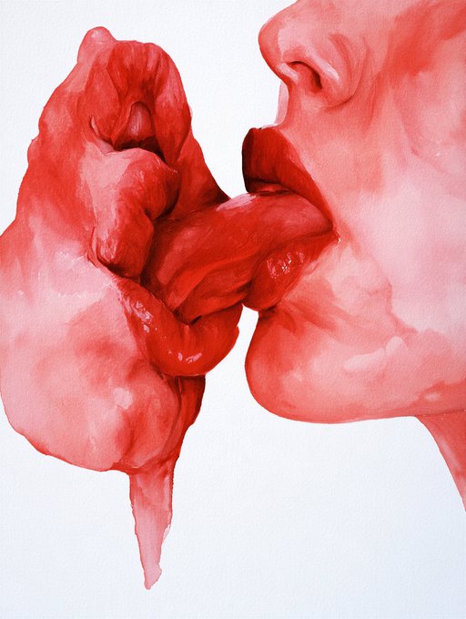 A surreal watercolor-style illustration rendered entirely in shades of red, showing a distorted face with lips and a melting hand-like form against a white background.