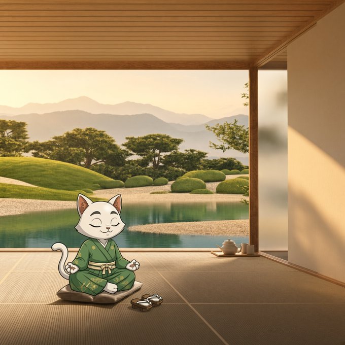 A cartoon cat wearing a green kimono meditates peacefully on a cushion while sitting on the engawa (veranda) of a traditional Japanese house overlooking a serene landscape with mountains, a tranquil pond, and a Zen garden. In the distance, a traditional tea set rests nearby. The serene, harmonious image reflects the post's zen-like confidence and positive outlook for September, conveying a sense of inner peace and anticipation for good things to come.